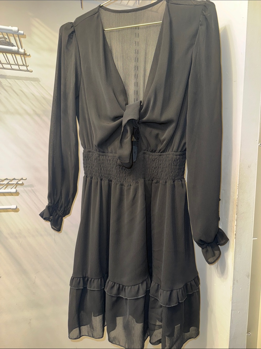 AlvaQ Womens V Neck Ruffles Long Sleeve Black Mini Dress, Medium - Picture 3 of 5